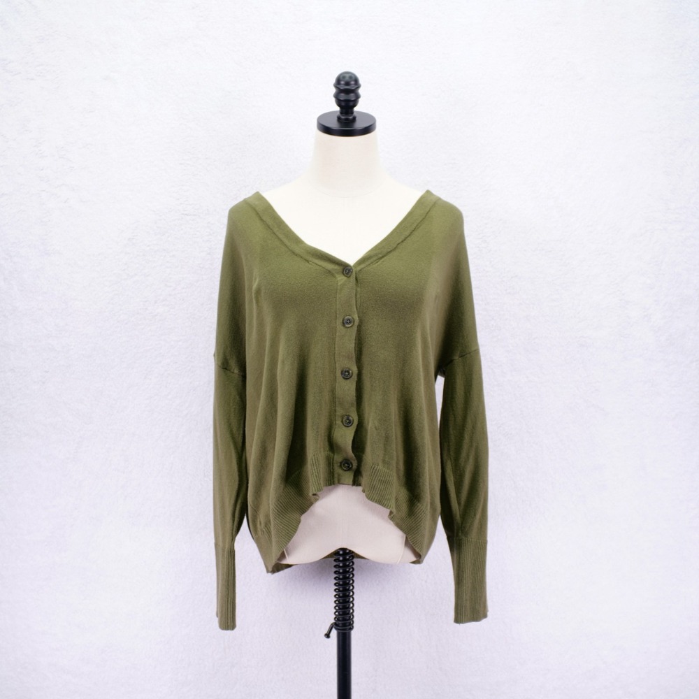 J. Jill -Medium- Green 100% Cotton Knit Cardigan Sweater V-Neck Button Up
